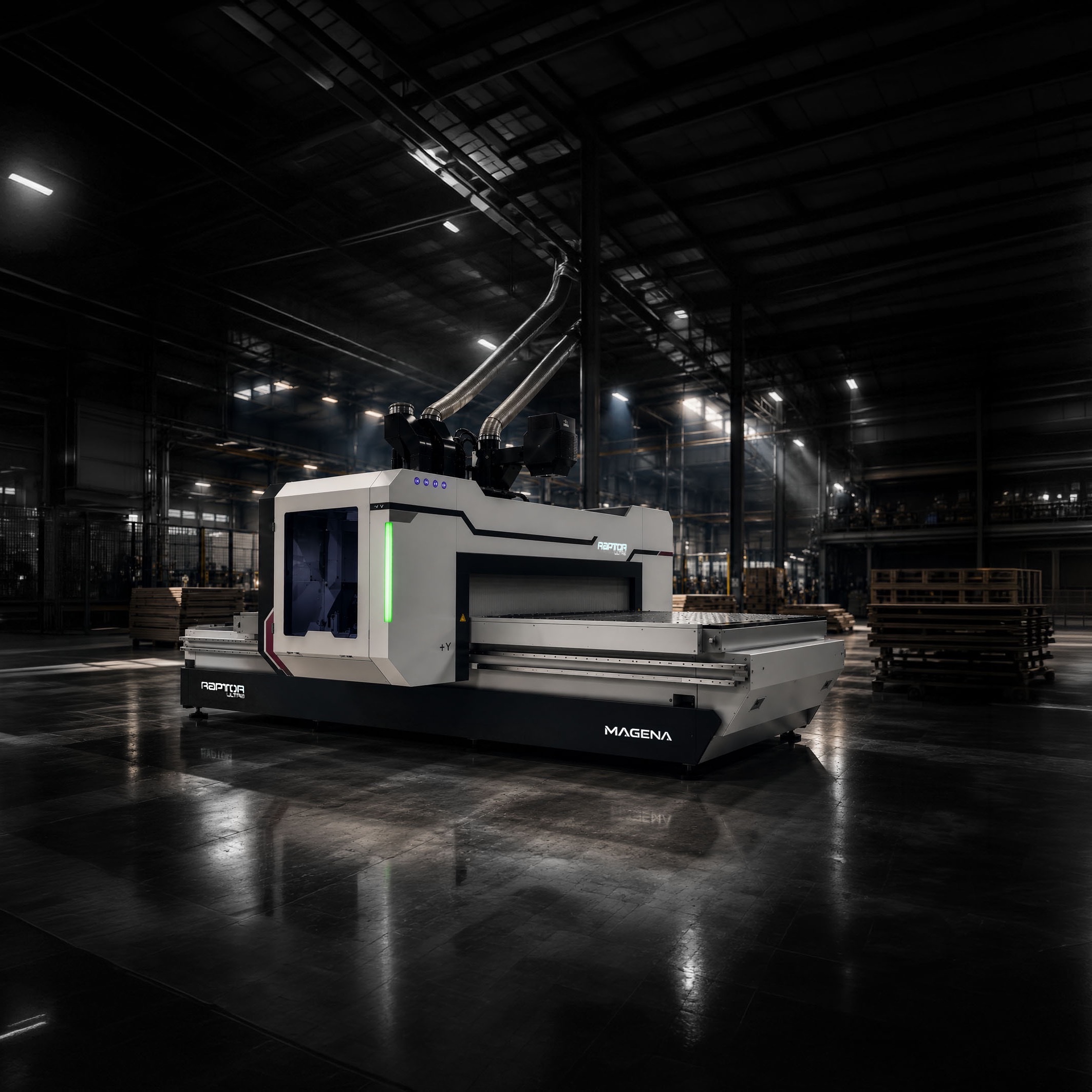 Raptor Ultra CNC işleme merkezinin gövdesi, çalışma tablası ve emiş sistemini gösteren kare ürün görünümü